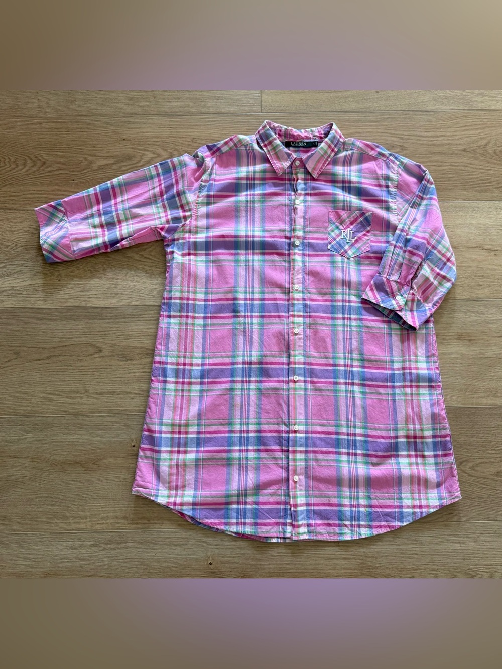 Lauren Ralph Lauren Plaid Tunic Shirt Dress Elbow Sleeve Pink L